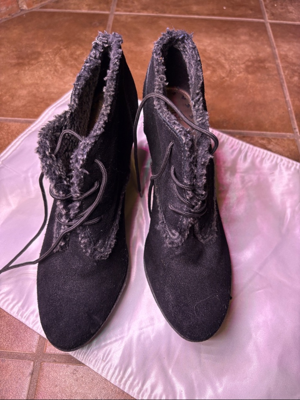 libby. edelman Black Faux Fur Lace-Up Ankle Boots
